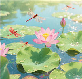 夏日雨后荷塘荷花卡通插画图片